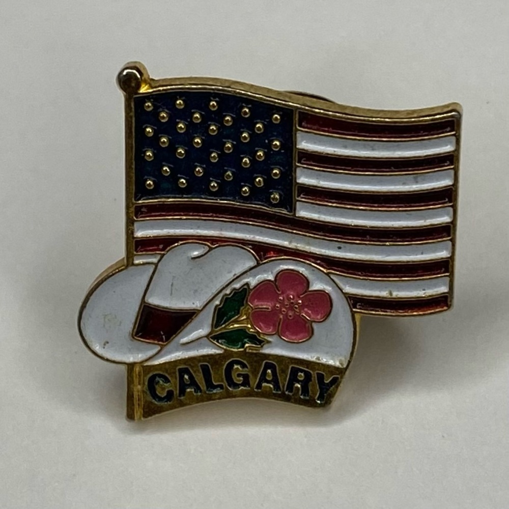 Vintage Calgary Stampede Lapel Pin American Flag Cowboy Hat Canada Rodeo Button